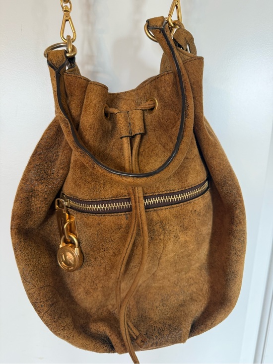 Michael Kors Handbags - Michael Kors Suede Drawstring Bucket Bag in Brown with Gold Hardware